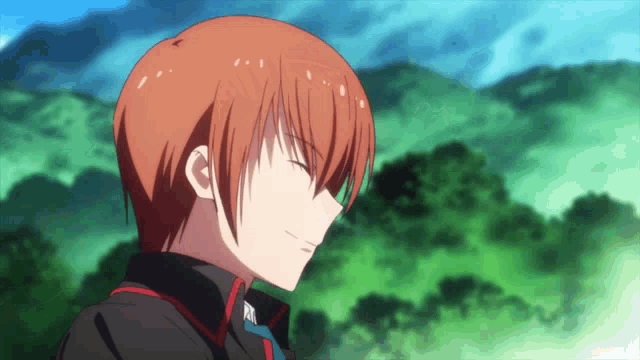 a red haired anime character with his eyes closed and a black jacket