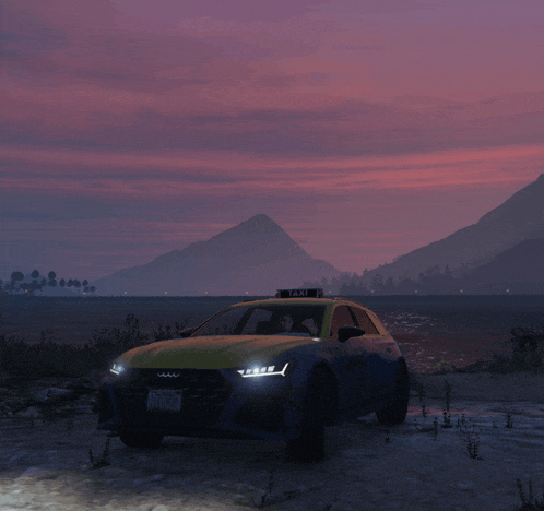 a blue and yellow taxi is parked on the beach