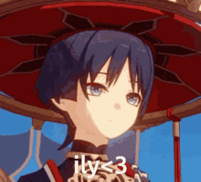 a cartoon character with blue hair and blue eyes is standing in front of a red umbrella and says `` ily < 3 '' .