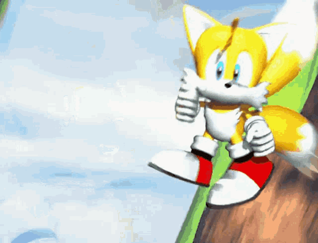 tails from sonic the hedgehog is sitting on a tree trunk