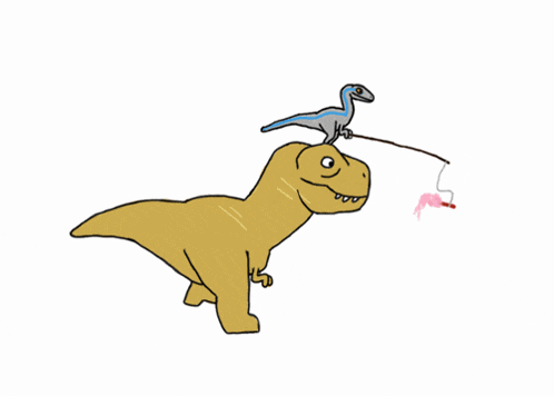 a cartoon drawing of a dinosaur with a smaller dinosaur on its head holding a fishing rod