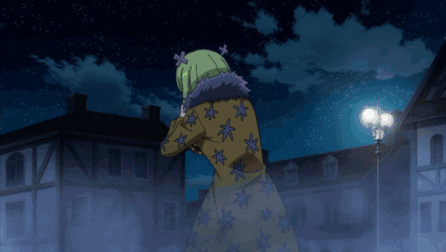a cartoon of a girl with green hair and two crosses on her hair