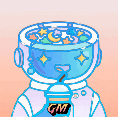 a cartoon drawing of an astronaut drinking from a cup that says gm