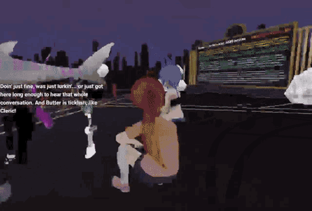 a cartoon character is talking to another character in front of a large screen