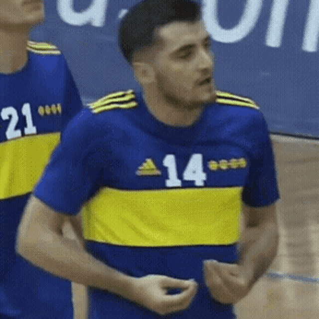 a man in a blue and yellow jersey with the number 14 on it