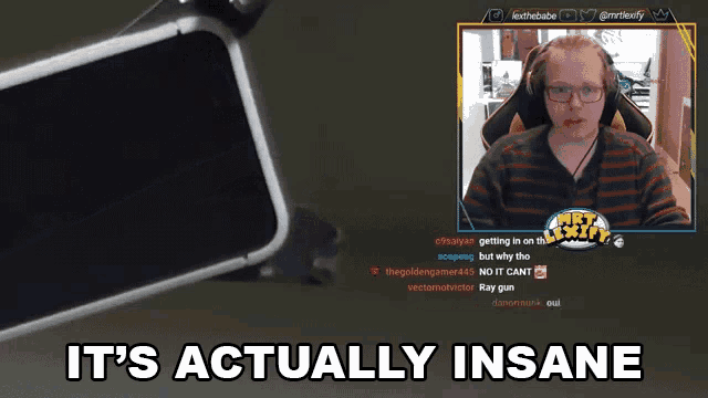 a man with glasses and headphones says it 's actually insane on a screen