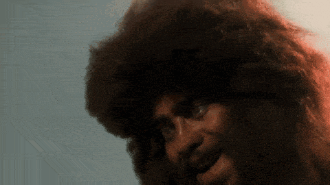 a close up of a man with a big hairy head
