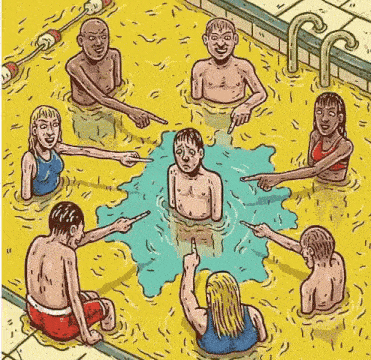 a group of people are sitting in a swimming pool pointing at each other .