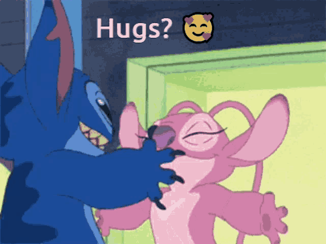 a cartoon of stitch and angel hugging each other with the words hugs above them