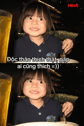 a little girl is smiling in front of a glass of beer with mb66 written on the bottom