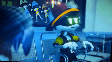 a cartoon character wearing sunglasses and a hat is sitting on a chair