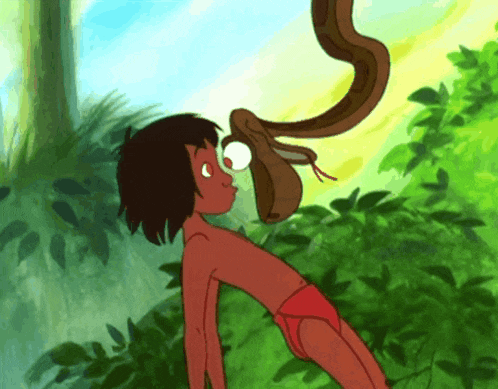 a cartoon of a boy and a snake in a jungle