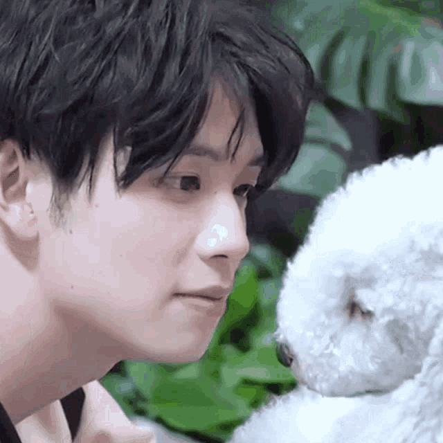 a close up of a man looking at a white dog