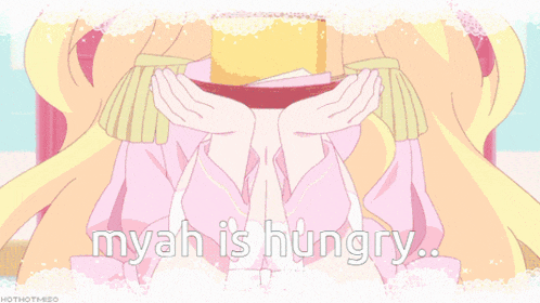 a girl holding a bowl of food with the words myah is hungry