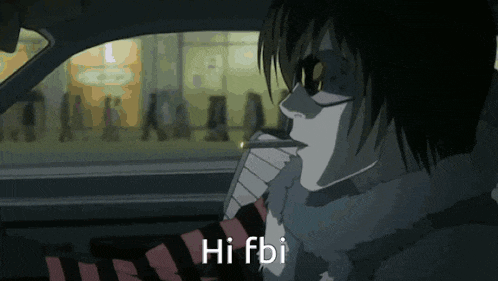 a person in a car with the words hi fbi on the bottom right