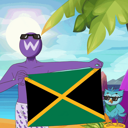 a cartoon of a man holding a jamaica flag