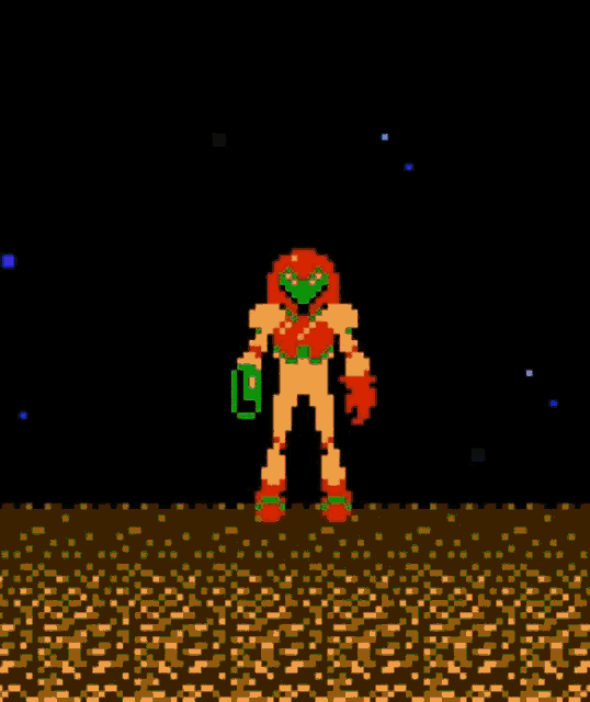a pixel art of a robot standing on a field