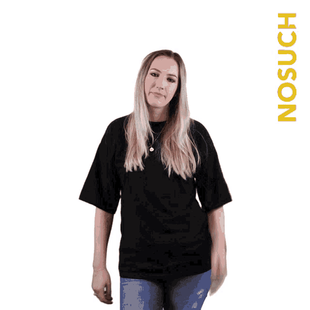 a woman wearing a black shirt and blue jeans is waving her hand in front of a white background that says no such