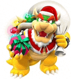 bowser is holding a bag of presents and a bell .