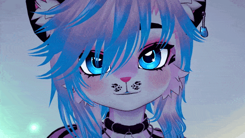 a drawing of a cat with blue hair and a choker