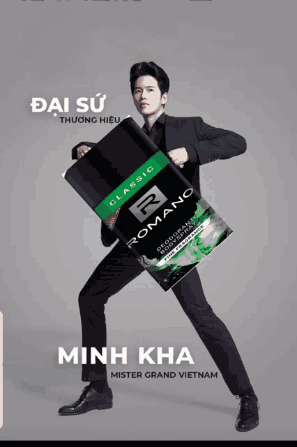 a man in a black suit is holding a can of romano classic deodorant