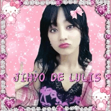 a picture of a girl in a pink frame with a hello kitty and hearts .