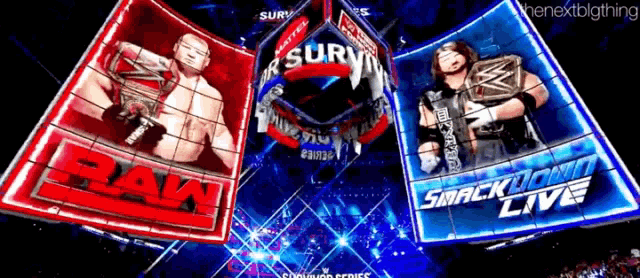 a smackdown live advertisement with two wrestlers in it