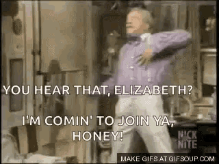 a man is dancing in a room with the words `` you hear that , elizabeth ? ''