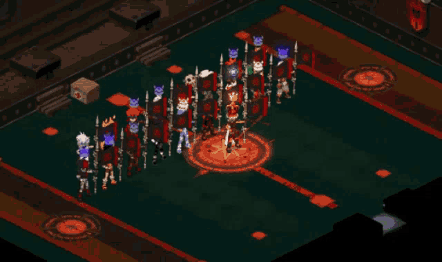 a group of cartoon characters are standing in a room with a circle in the middle that says ' devil ' on it