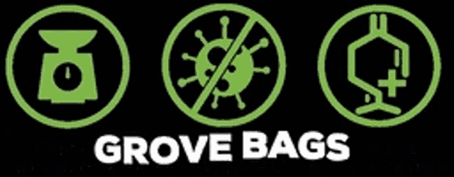 the logo for grove bags shows a green lantern , a no virus symbol , and a chemical symbol .