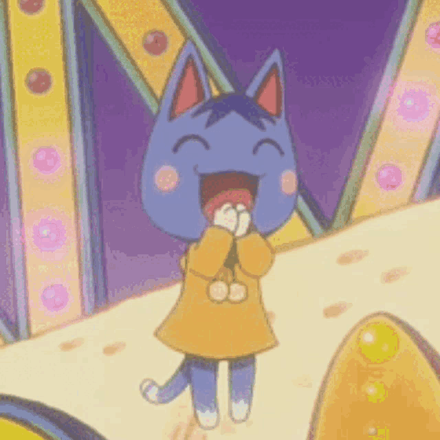 a cartoon cat is standing on a stage with his mouth open and laughing .