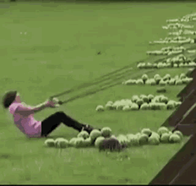 a person is laying on the ground in a field with a bunch of golf balls in the background