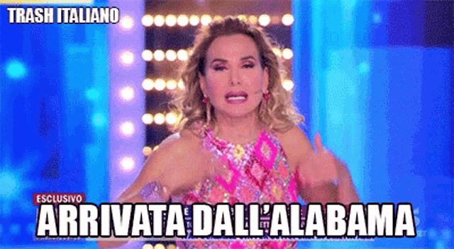 a woman in a pink dress with the words arrivata dall ' alabama below her
