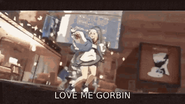 a cartoon character is dancing in a room with the words `` love me gorbin '' written on the bottom .