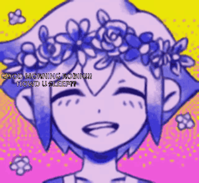 a drawing of a girl with a flower crown on her head says good morning
