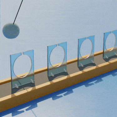a blue ball is hanging from a string in a row of circles