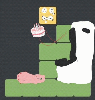 a panda is sitting on a couch next to a cake with candles .