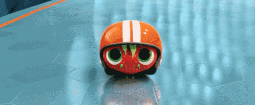a cartoon character wearing a red helmet with white stripes