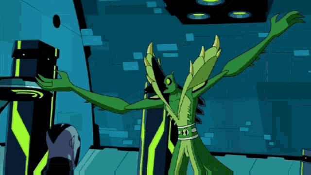 a cartoon character with arms outstretched is wearing a ben 10 bracelet
