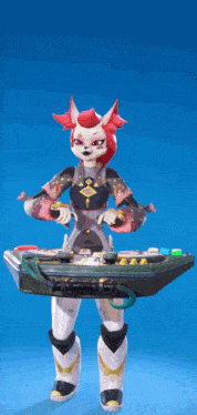 a cartoon character with red hair is standing in front of a keyboard