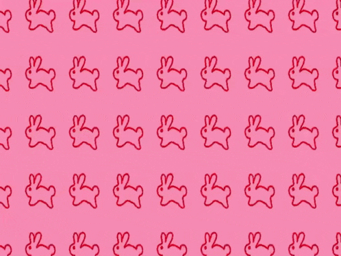 a pink background with red rabbits in a row