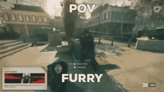 a video game is being played with the words pov furry on the screen