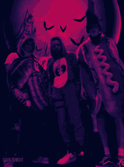 a group of people standing in front of a red moon with dark knight written on the bottom left