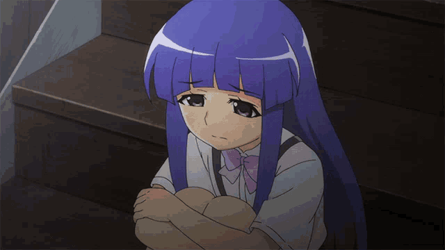 a girl with blue hair is sitting on a set of stairs with her knees crossed