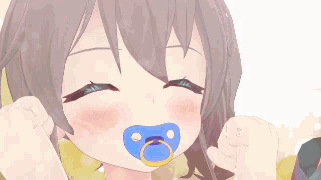 a close up of a girl with a pacifier on her mouth