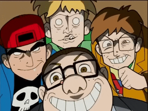 a group of cartoon characters are posing for a photo
