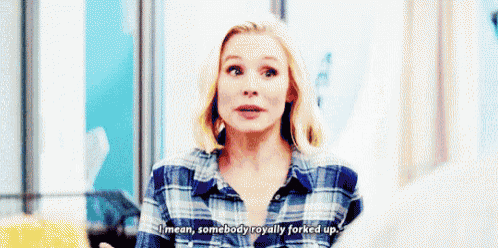 a woman in a plaid shirt is talking and says `` i mean , somebody royally forked up '' .