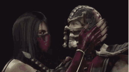 a woman in a purple mask is kissing a man in a helmet in a video game .