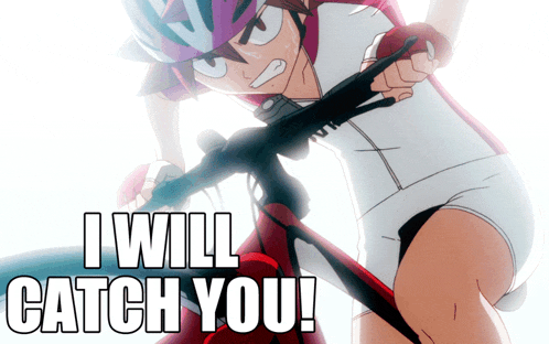 a cartoon of a person riding a bike with the words " i will catch you "