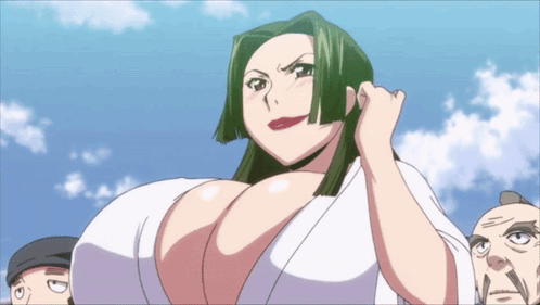a woman with large breasts is standing in front of a group of people